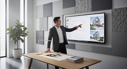 A businessman presents architectural designs on a large screen during a modern meeting.