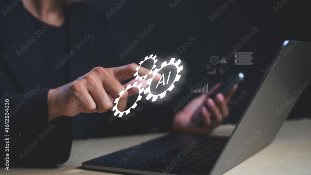 Poster a person interacts with digital ai and gear icons projecting from a smartphone near a laptop, symbol
