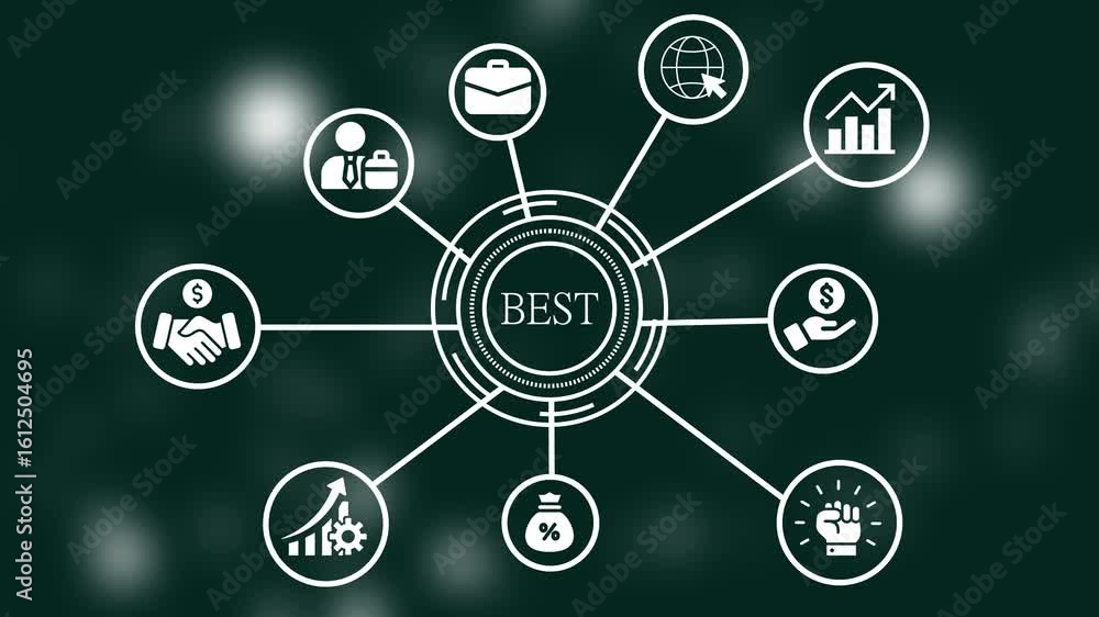Poster best concepts visualized with business and technological icons on a dark background