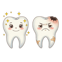 An illustration contrasting a happy, healthy tooth with a sad, cavitated tooth, representing dental care and oral hygiene education.