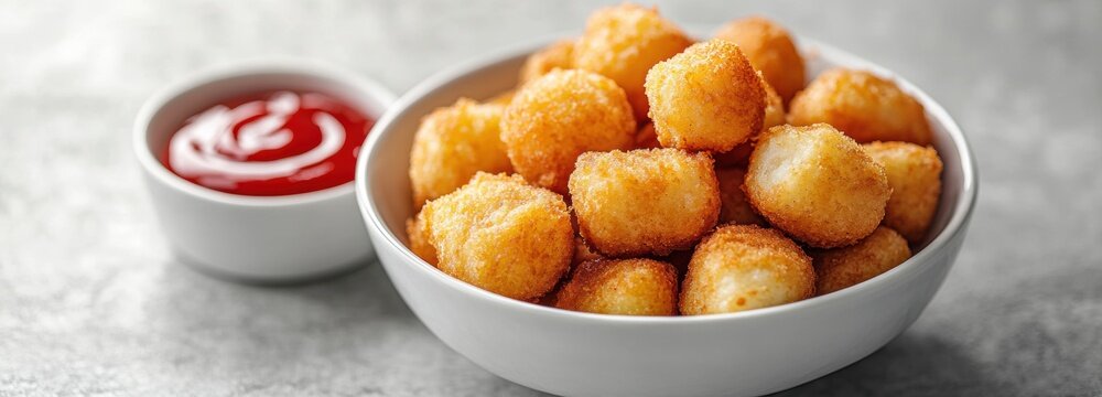 Golden-brown fried potato croquettes served with tangy ketchup on a neutral surface during a casual dining experience