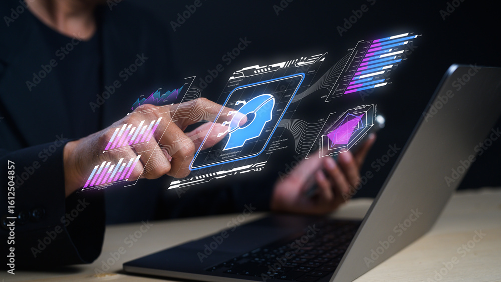 Poster a person interacts with futuristic digital icons, highlighting technology and data analysis on a lap