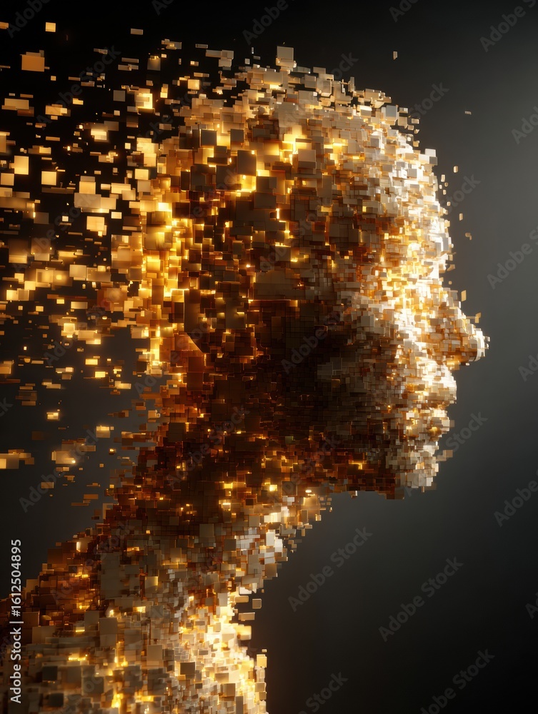 Poster human head dissolving into glowing pixels of information in a dark environment revealing digital tra