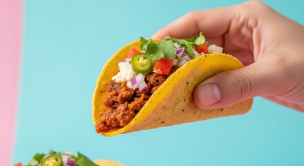 Close-up of a tasty taco with fresh ingredients held in a hand.