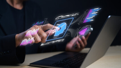 A person interacts with futuristic digital icons, highlighting technology and data analysis on a...
