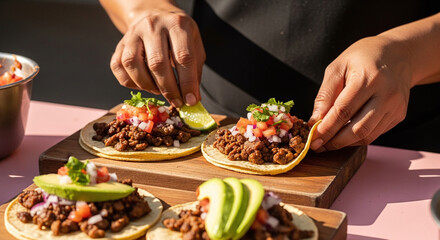 Person crafting flavorful tacos with fresh ingredients, ready to enjoy a delightful meal.