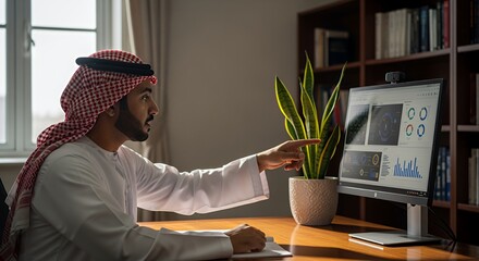 A businessman in traditional Middle Eastern attire uses a computer to analyze financial data, showcasing modern technology's integration into diverse cultures.
