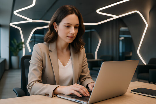 A professional business team engaged in futuristic office work, brainstorming while wearing VR headsets in a cutting-edge office space.