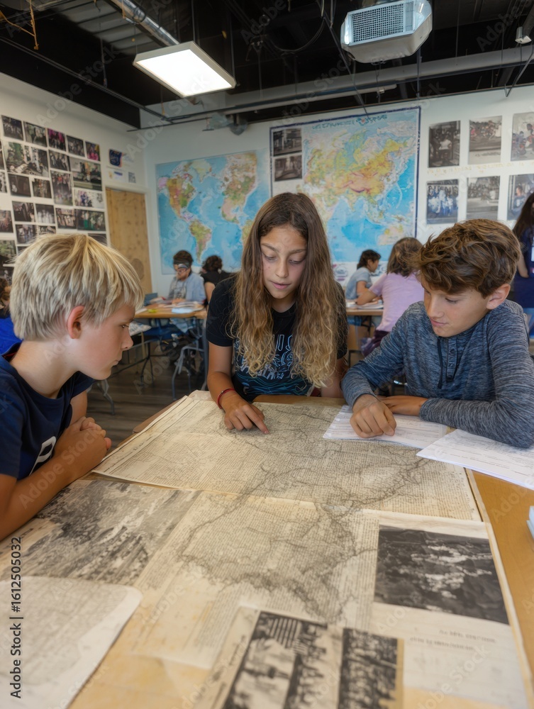 Poster students engaged in exploring inclusive history curriculum with global timeline in classroom setting