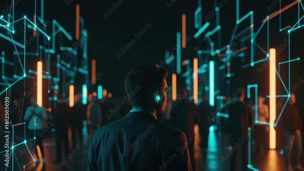 Poster a business professional stands in a futuristic digital environment filled with glowing lines and fig
