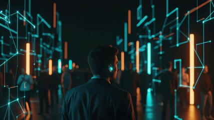 A business professional stands in a futuristic digital environment filled with glowing lines and figures observing a crowd engaged in discussions symbolizing innovation and networking - Powered by Adobe