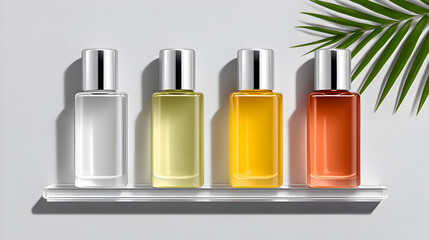 Fototapeta premium A range of four colorful cosmetic bottles on a glass shelf, accented by a tropical leaf. This clean, modern image is perfect for displaying a product line.