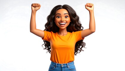 Animated woman in orange shirt celebrating
