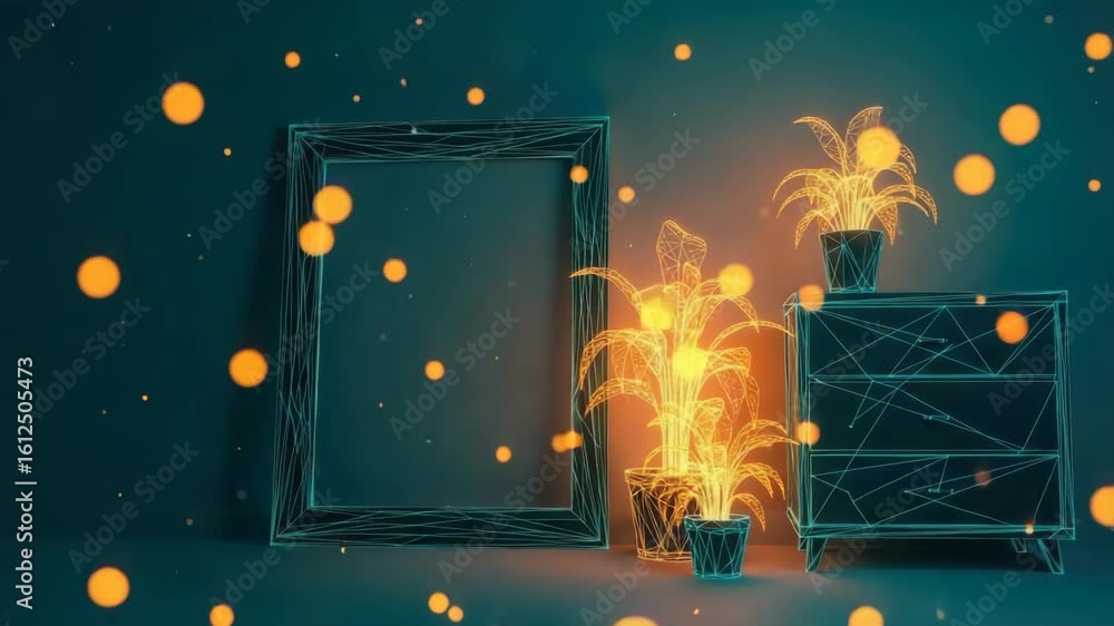 Poster a modern interior scene featuring a minimalist empty picture frame glowing plants in decorative pots