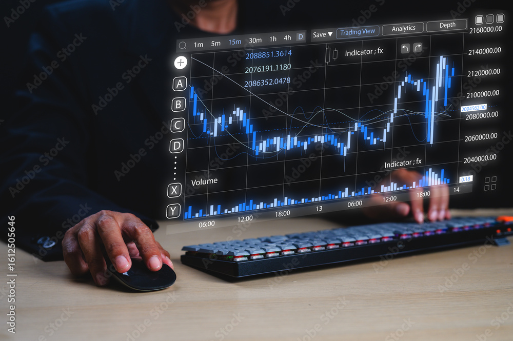 Poster a person analyzing financial data on a computer, showing a detailed stock market chart with candlest