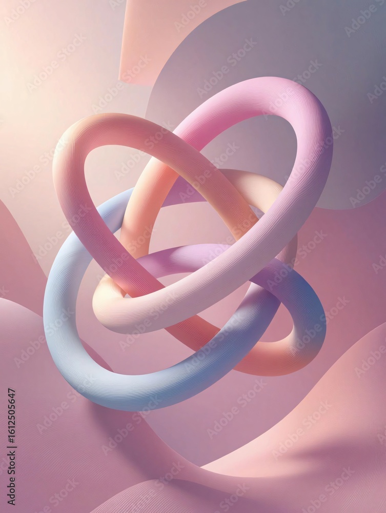 Poster abstract intertwined shapes in pastel hues: a mesmerizing display of smooth, interlocked loops and s