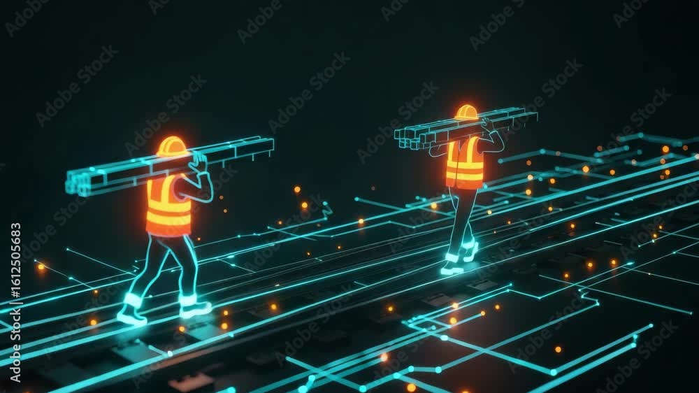 Poster two workers in neon safety vests carrying beams along a futuristic glowing railway track with digita