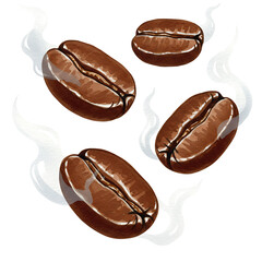 An illustration of aromatic roasted coffee beans with subtle steam, ideal for coffee shop and beverage-related content.