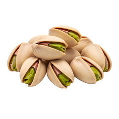 Pile of roasted pistachios with shells slightly open revealing vibrant green kernels isolated on transparent background