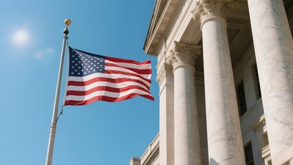 Fototapeta premium USA flag fluttering on historical government building