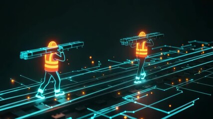 Two workers in neon safety vests carrying beams along a futuristic glowing railway track with digital circuitry patterns and floating particles in the background suggesting advanced technology - Powered by Adobe