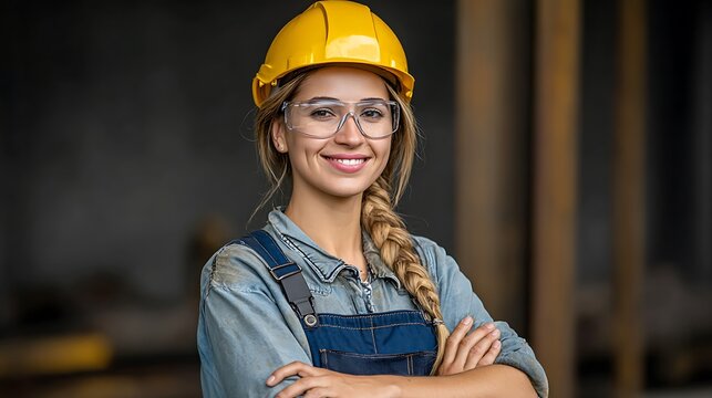 Smiling female construction worker in hard hat and safety glasses