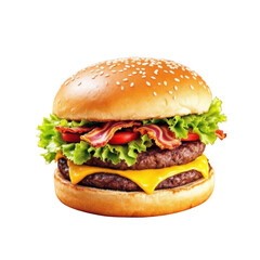 A double cheeseburger with bacon lettuce and tomato on a sesame seed bun against a black background