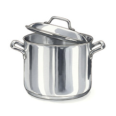 A vibrant illustration of a shiny stainless steel cooking pot with its lid slightly ajar, representing modern kitchen cookware.
