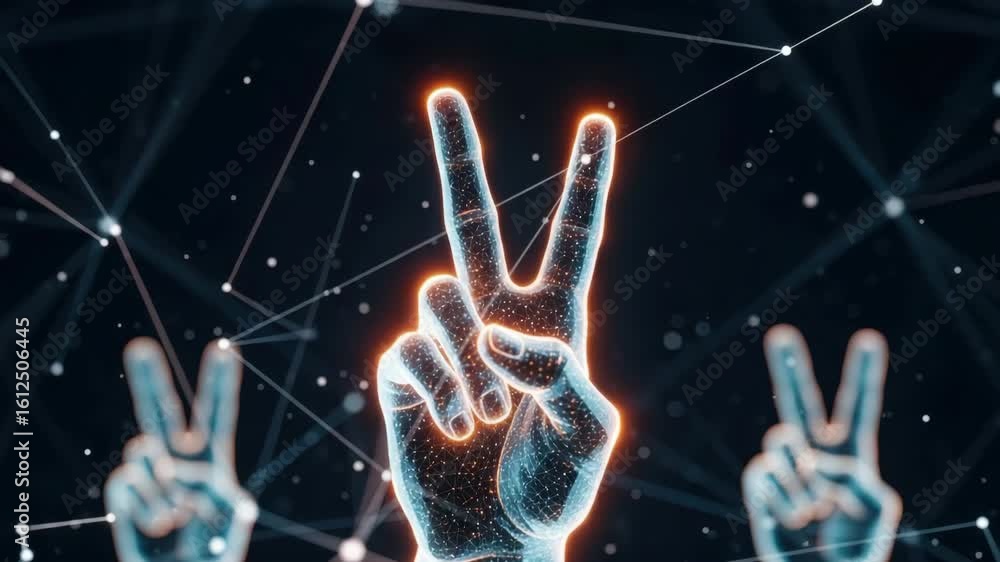 Poster a close-up view of a glowing hand making a peace sign against a dark digital background filled with 