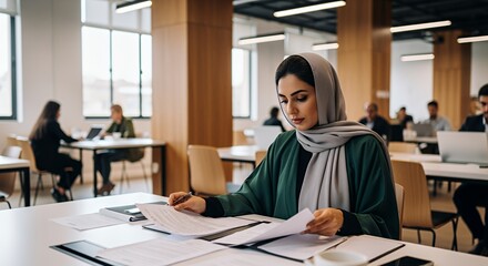 A focused young woman in a hijab meticulously reviews documents at a modern co-working space, surrounded by other professionals working diligently.