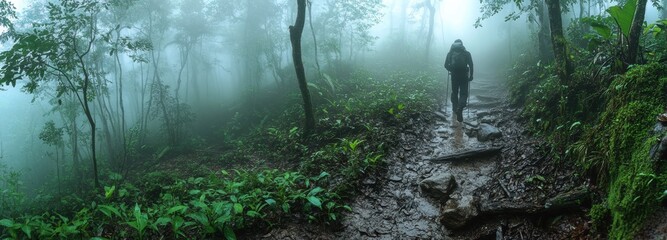 Dense fog envelops a mysterious forest trail creating an eerie atmosphere for an adventurous hike through nature's silence