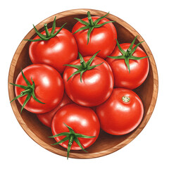 A top-down illustration of fresh red tomatoes overflowing from a rustic wooden bowl, highlighting vibrant garden produce for healthy cooking.