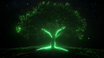Glowing green tree of life night scene
