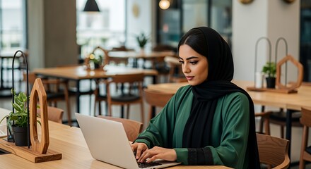 A young woman in a hijab works on her laptop in a modern cafe, focused on her task.