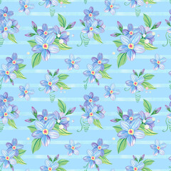 Seamless blue flower and green leaf pattern on striped background, dew, pearl, bubble. Forget-me-not endless backdrop. Hand drawn floral watercolor repeating illustration for textile, wrapping