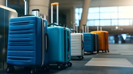 Colorful suitcases lined up at airport terminal