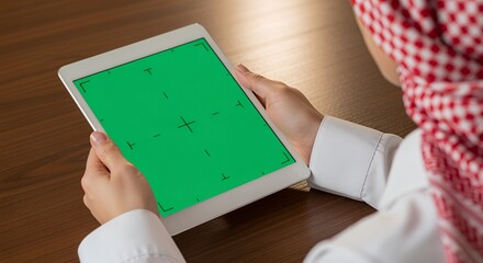 A man in traditional Middle Eastern attire uses a tablet computer with a green screen, showcasing modern technology alongside cultural heritage.