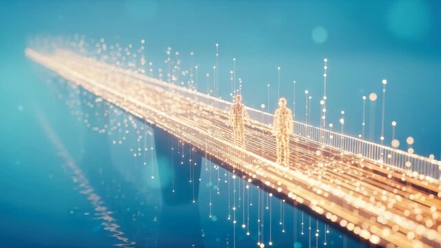 A futuristic digital bridge illuminated by glowing particles with two abstract figures walking towards a serene blue background symbolizing connection and innovation in technology