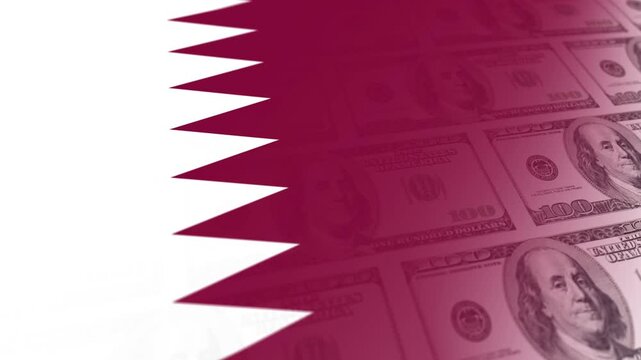 Qatari flag with a slight movement in the wind and dollars moving horizontally in the concept of international economy.