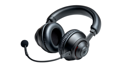 Black gaming headphones with microphone isolated on transparent background