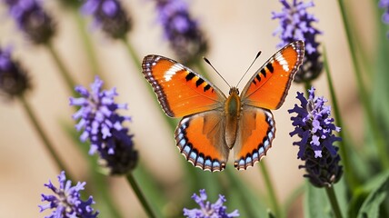 Obraz premium Vibrant butterfly gracefully rests among blooming lavender flowers, capturing the essence of nature.