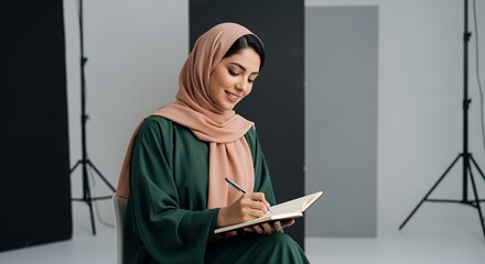 A woman in a hijab thoughtfully writes in her journal, lost in contemplation and personal reflection.