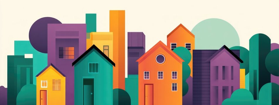 A vibrant cityscape illustration features a variety of colorful houses and buildings, set against a backdrop of stylized trees and circles.  The scene evokes a sense of community and urban living