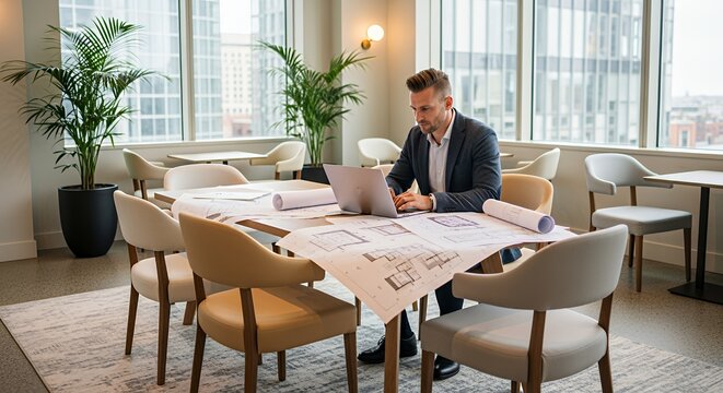 A focused architect reviews blueprints at a modern , using a laptop to finalize design details.