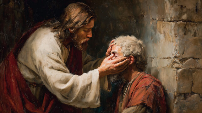 Jesus Christ Heals Blind Man Comforts Lost Poor - Realistic Image of Jesus