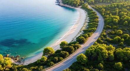 Fototapeta premium Aerial View of Curving Coastal Road with Green Trees and Blue Ocean Water