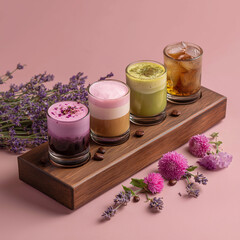 Whimsical shot of a coffee flight board featuring four mini artisan drinks