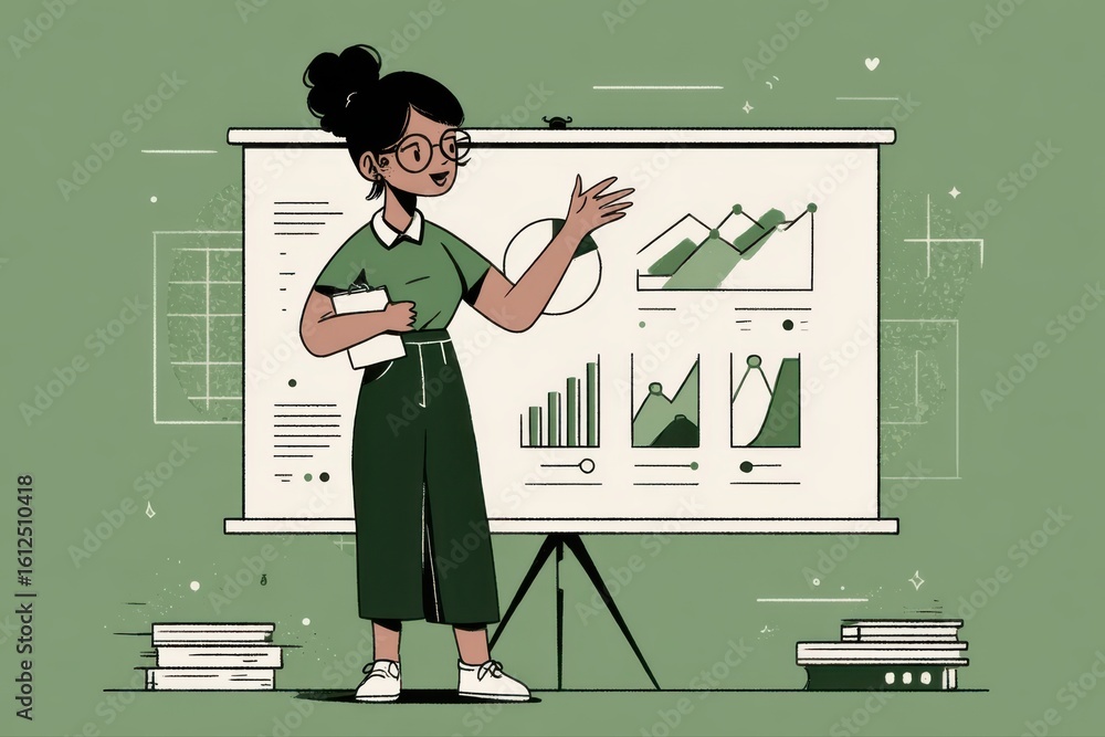 Poster a professional female analyst standing in front of a whiteboard with graphs and key performance indi