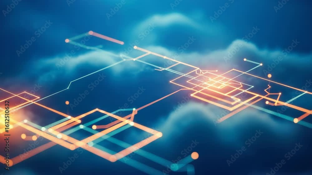 Poster abstract representation of digital technology with glowing lines and shapes over a dreamy cloud back