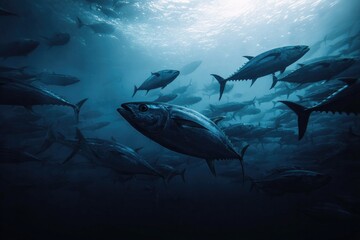 Underwater school of dark fish swimming in deep blue ocean